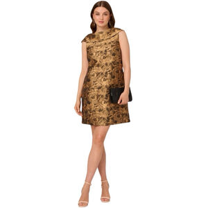 ADRIANNA PAPELL Bias Collar Shift Cocktail Dress Gold Black Size 14